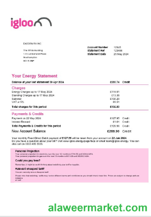 United Kingdom Igloo Energy business utility bill template in Word and PDF formats